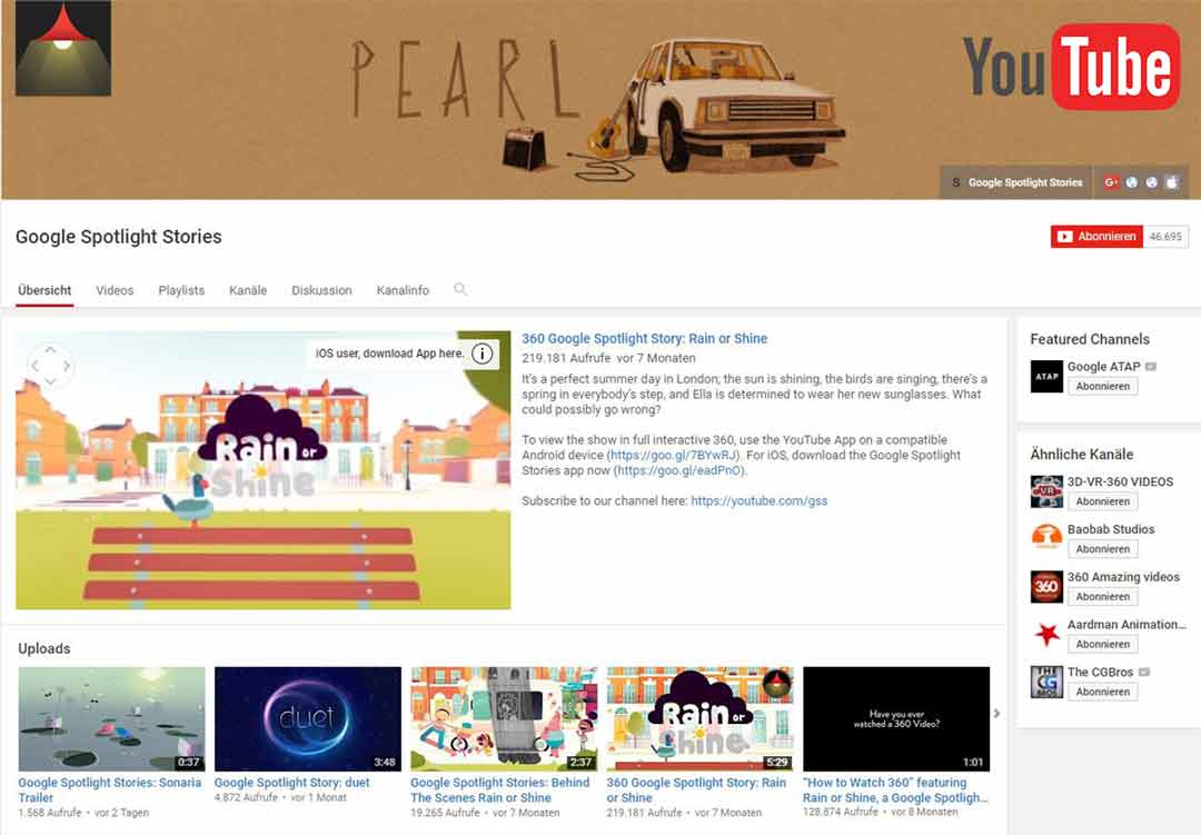 Kanäle für virtuelle Realität: YouTube-Google-Spotlight